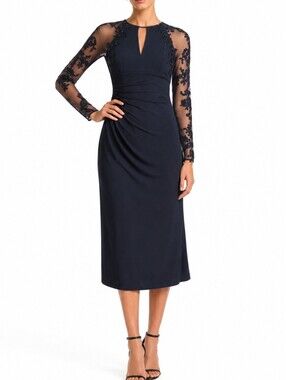 David Meister S6 Sheer Long Sleeve Floral Sequin Design Dress Dark Blue